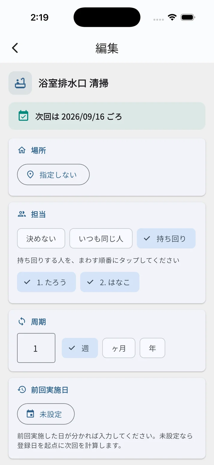 項目の編集画面の担当。持ち回りでメンバーの順番を指定