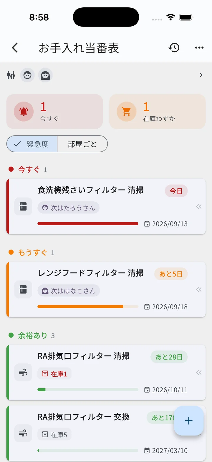 お手入れ当番表。上部にメンバーのアイコンの帯、カードに「次は◯◯さん」