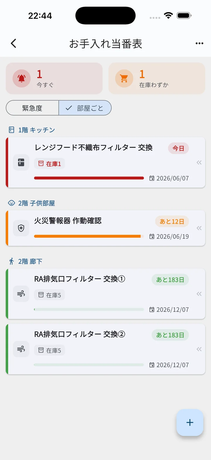 お手入れ当番表 一覧（部屋ごとビュー）