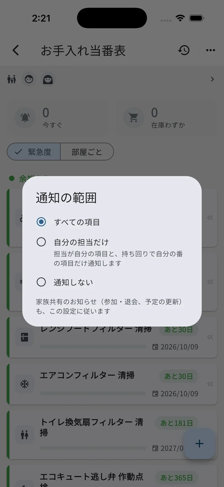 通知の範囲のダイアログ（すべての項目／自分の担当だけ／通知しない）